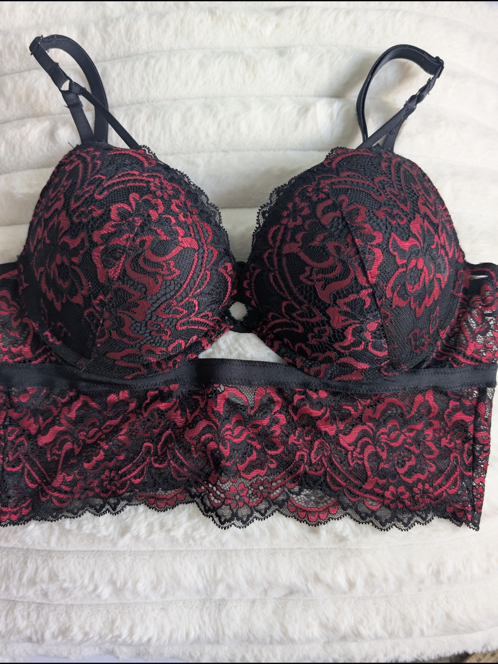 La Senza Hello Sugar Black/Red Floral Lace Push Up Underwired Bra Semi-Sheer S/P